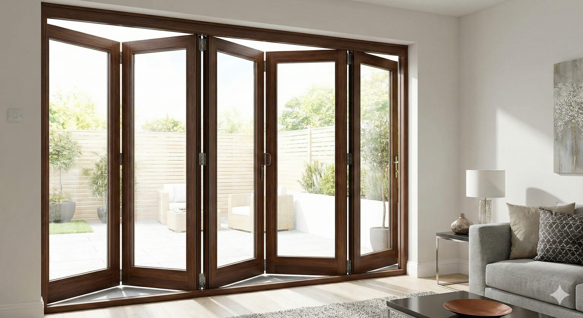 Modern aluminium bifold doors opening to courtyard