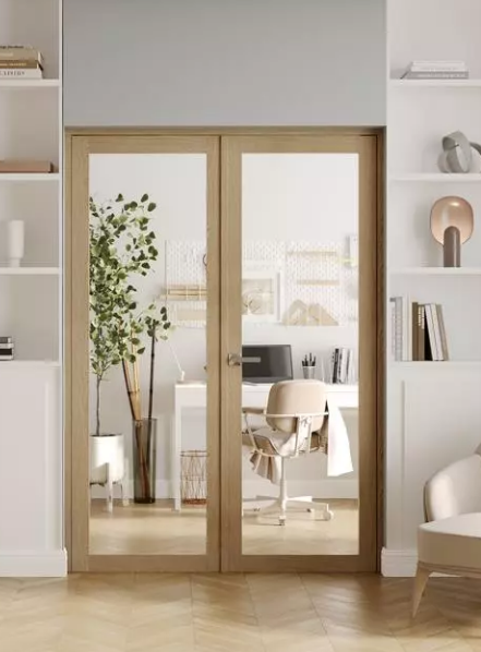 French doors with modern hardware detail